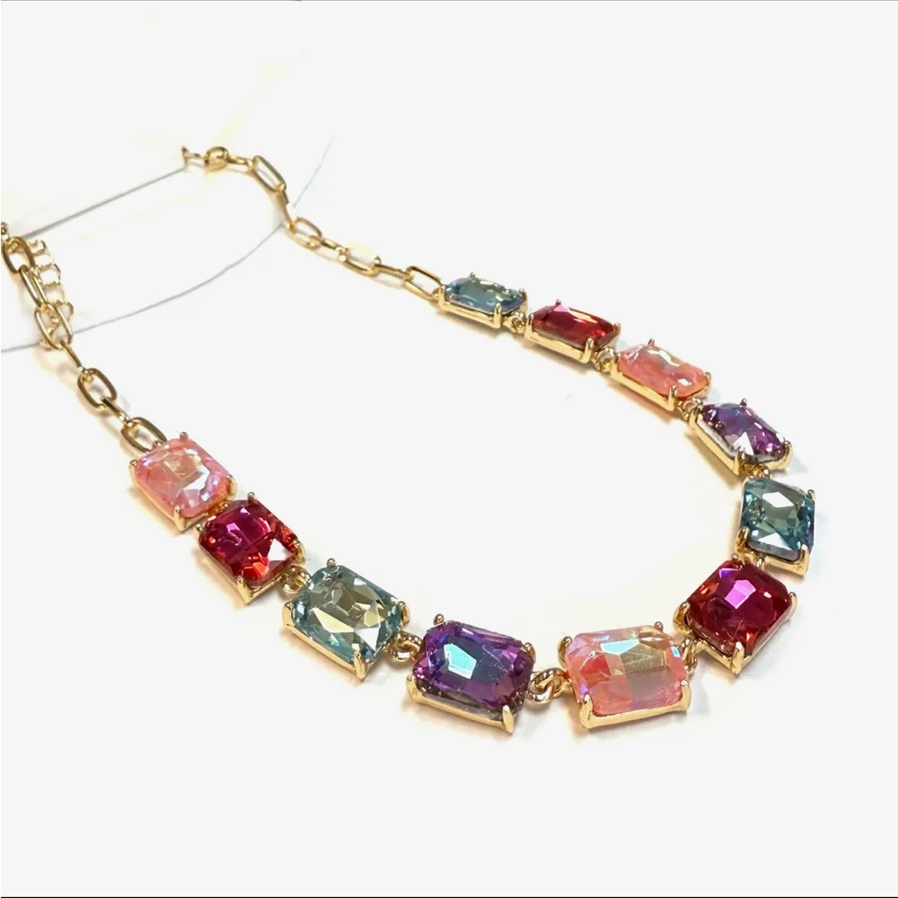 18K Gold Plated Multicolor Rectangle Crystal Glass Linked Chain Necklace